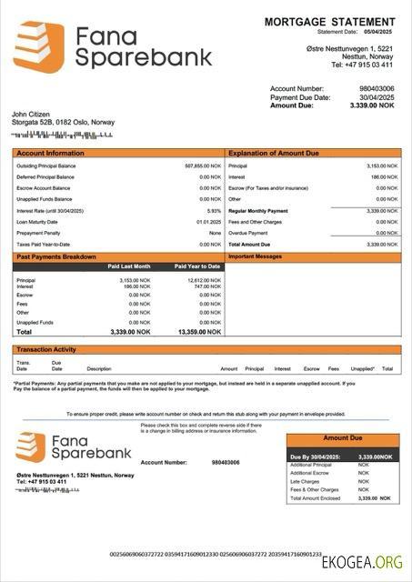 Norvège Fana Sparebank relevé hypothécaire Modèle Word et PDF